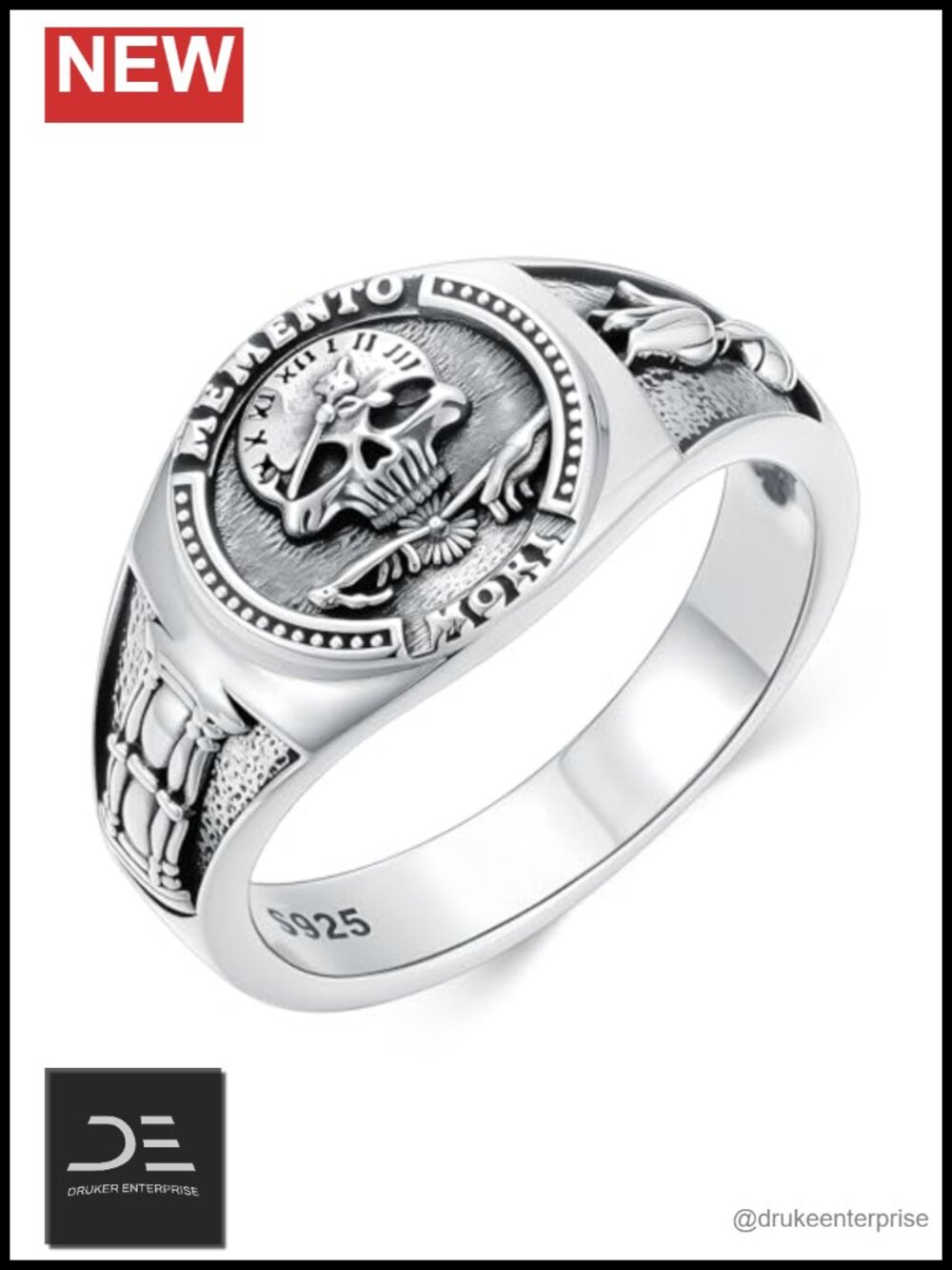 Memento Mori Ring 925 Sterling Silver Skull Hourglass Jewelry Gift
